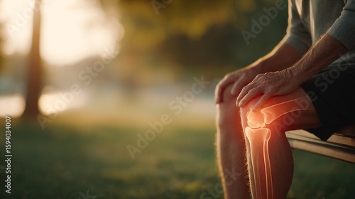 Lifestyle image of close-up view of a painful pain Knee Osteoarthritis severe Articular cartilage discomfort augmented overlay on the knee with glowing red pain semi-transparent bone and joints