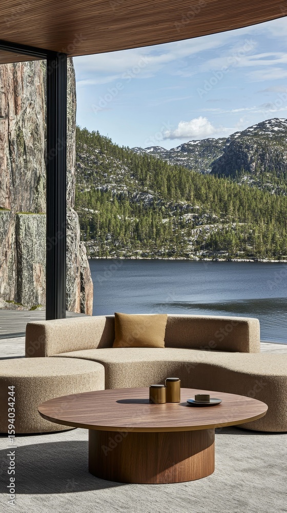 Fototapeta premium Cozy Scandinavian Living Room Overlooking Scenic Nature with Modern Tactile Elements