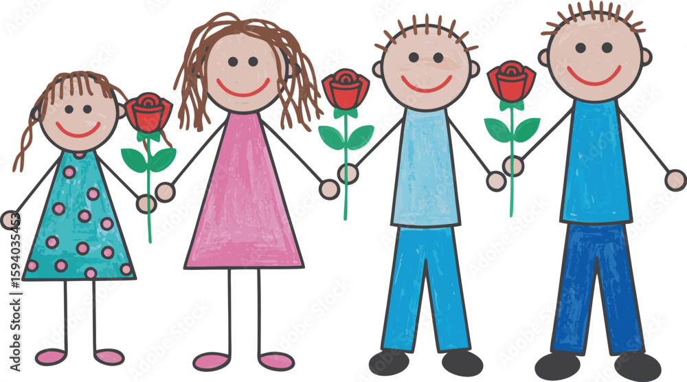 Fototapeta premium Childlike Drawing of a Happy Family Holding Roses on a White Background