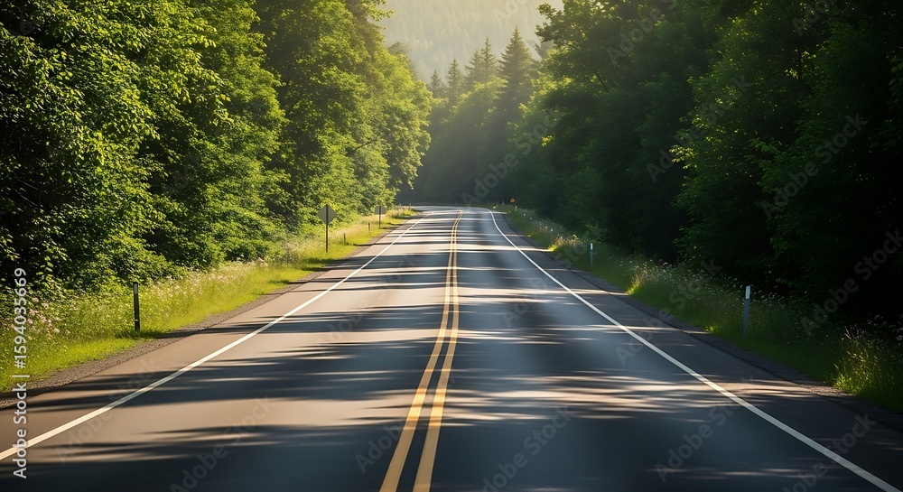 Obraz premium Scenic drive through lush green forest with winding asphalt road ahead offers tranquility