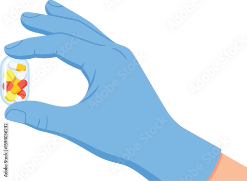 A gloved hand holding a clear bottle filled with various colored pills against a white background space