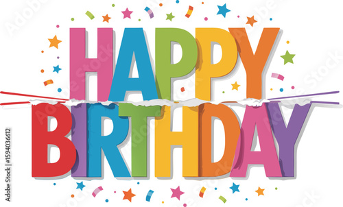 Colorful Happy Birthday Typography with Confetti and Stars on White Background Illustration