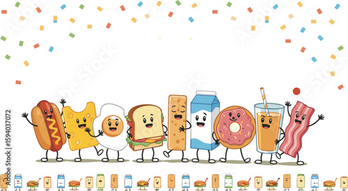 Cute Cartoon Food Characters Illustration Hotdog, Cheese, Egg, Sandwich, Cereal, Milk, Donut, Orange Juice, Bacon