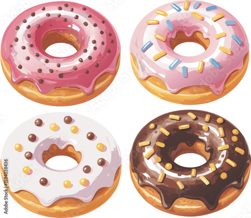 Four Artistic Donuts with Pink, White, and Chocolate Icing and Colorful Sprinkles Displayed on White Background
