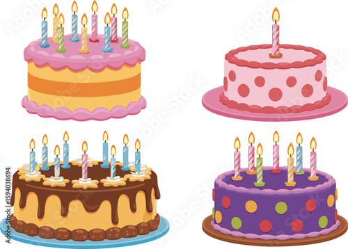 Four Decorated Birthday Cakes with Candles Pink, Chocolate, and Purple Colorful Festive Desserts