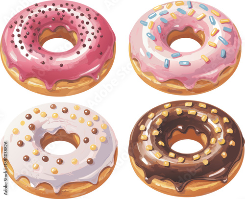 Four Frosted Donuts with Sprinkles and Toppings Pink, Brown, White, and Light Pink Donuts Illustration