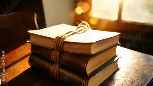 Wallpaper Mural Stack of Old Books Tied with Twine on Wooden Table in Warm Light Torontodigital.ca