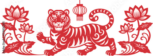 Red Paper Cut Tiger with Lotus Flowers and Lantern Decoration for Lunar New Year