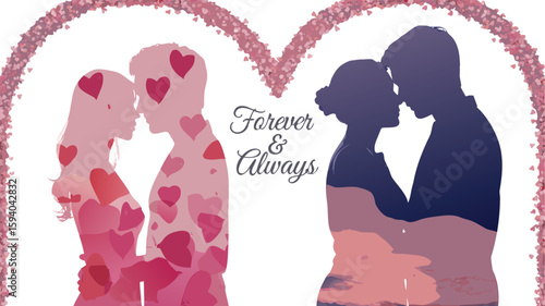 Romantic Couple Silhouettes with Heart Arches and Forever Always Text Design