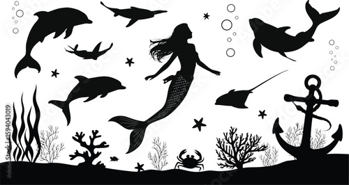 Silhouette of a Mermaid with Dolphins, Rays, Starfish, Seaweed, Crab, and Anchor
