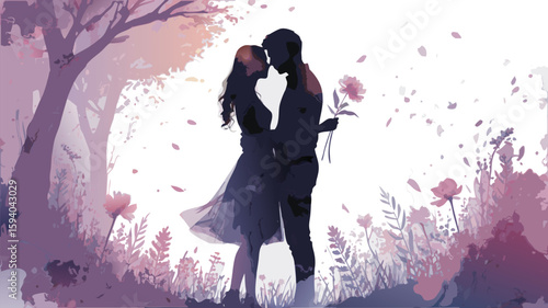 Silhouette of Couple Embracing with Flower, Artistic Illustration in Lavender and Pink Hues