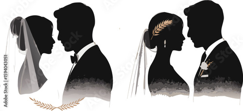 Silhouette of a Wedding Couple with Veils and Floral Embellishments Isolated on White
