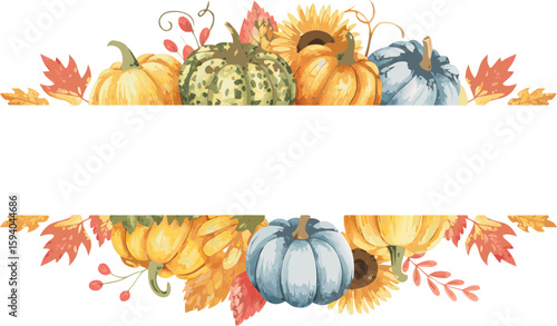 Watercolor Autumn Frame with Pumpkins, Sunflowers, Berries, and Colorful Fall Leaves; Text