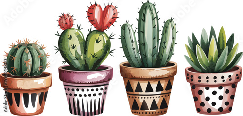 Watercolor Cactus and Succulent Plants in Decorated Pots, Isolated on White Background, Cute