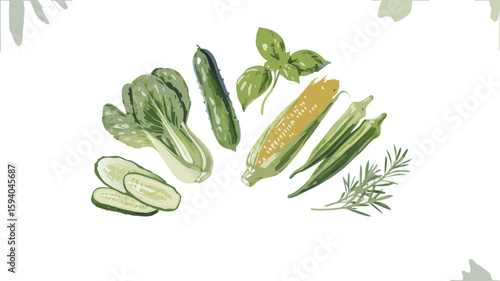 Watercolor Painting Bok Choy, Okra, Corn, Cucumber, Basil, and Rosemary on White Background
