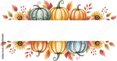 Watercolor Pumpkins and Sunflowers Fall Border Illustration, Autumn Themed Design with Copy Space