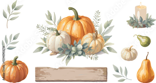 Watercolor Pumpkins, Pears, and Candle with Foliage Autumnal Still Life Illustration