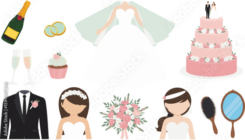 Wedding Elements Bride's Dress, Cake, Flowers, Rings, Champagne, Groom's Suit, Cupcake, Mirror