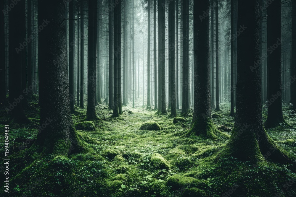 Naklejka premium Misty forest path, dense trees, mossy ground