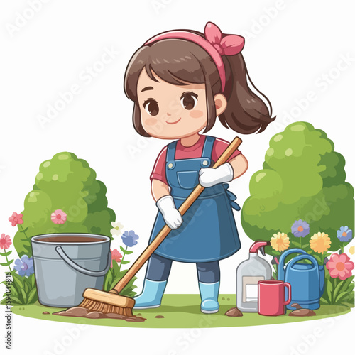 vector of a woman cleaning the garden on a white background