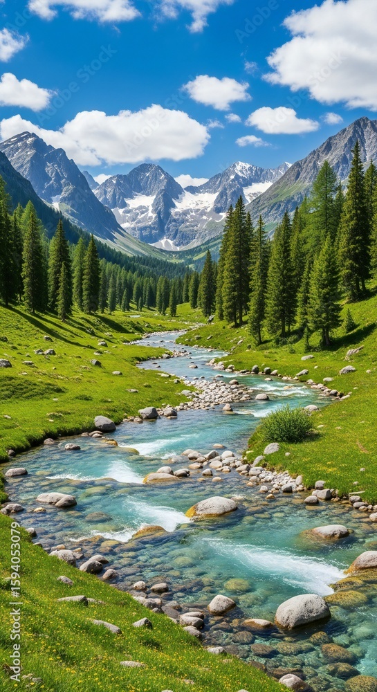 Fototapeta premium A clear mountain stream flows through a green valley, flanked by evergreen trees and snow-capped peaks under a blue sky with fluffy white clouds.