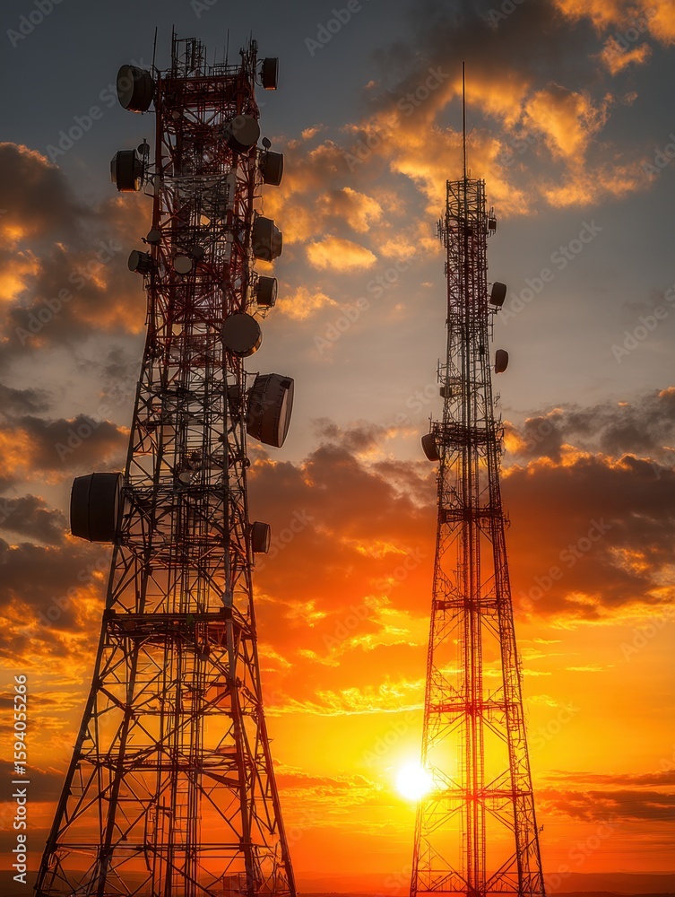 Obraz premium Telecommunication towers at sunset urban landscape photography dramatic sky wide angle connectivity and technology