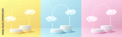 Set of 3D cylindrical podium in pink, yellow, blue background with arch frame, cloud floating. Minimalist mockup pedestal Abstract product display presentation, Stage showcase. Platforms vector design