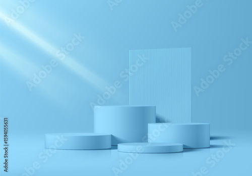 3D soft blue cylindrical podium set background with rectangle backdrop. Studio room. Minimalist mockup pedestal. Abstract stand product display presentation. Stage for showcase. Vector platform design