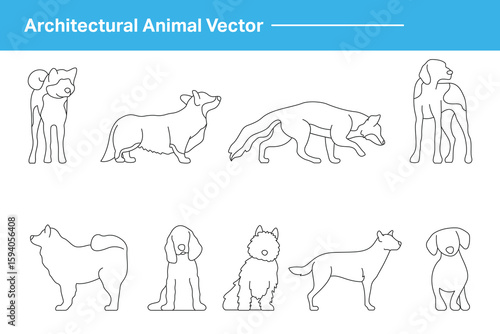 CAD Drawings. Set dogs outlines isolated on white background. Sitting, walking. Top view. Vector illustration.