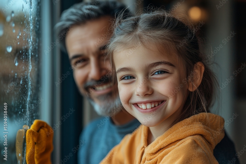 Obraz premium Happy girl with her father cleaning windows at home, sharing the task of daily chores in a fun and collaborative way, promoting family cooperation, Generative AI