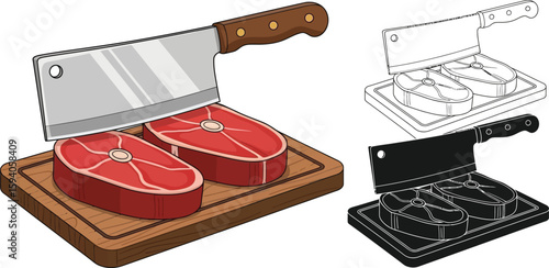 Illustration of meat cut with a cleaver on a wooden cutting board for cooking and food preparation