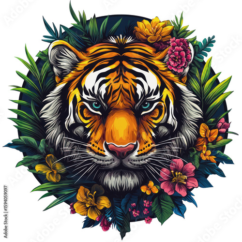 Tiger Head Portrait with Floral Wreath Decoration Illustration Vector	