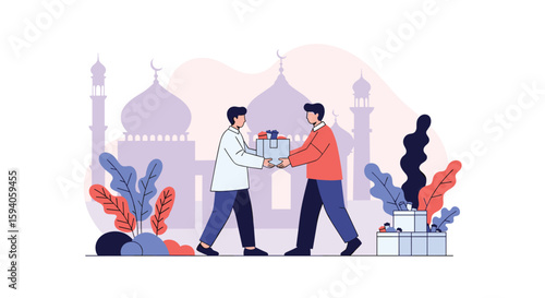 Generous individuals exchange gifts and aid near a mosque fostering community spirit during a celebration