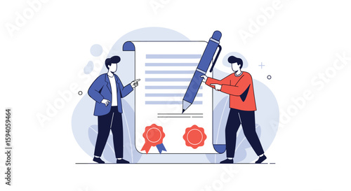 Illustrating the process of signing a business contract with a giant pen and official seals for agreement and partnership