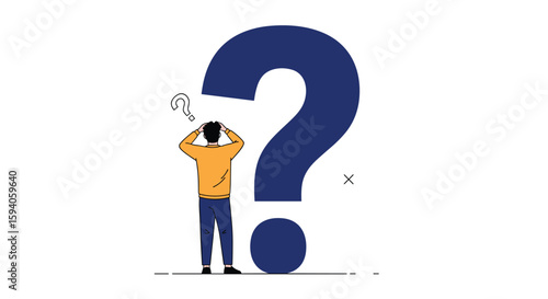 A perplexed individual stands before a colossal question mark contemplating an unknown challenge requiring a resolution