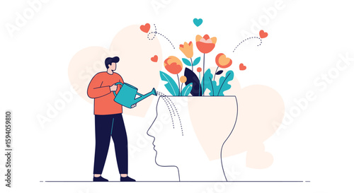 Man watering plants growing inside a head conceptualizing personal growth and mental wellbeing