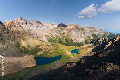 Scenic view of turquoise alpine lakes and rugged mountain peaks from Blue Lakes Trail near Mt. Sneffels, Colorado, highlighting wilderness beauty, hiking adventure, and pristine Rocky Mountain scenery