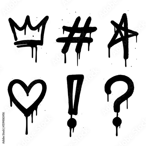 Set of graffiti spray paint symbols with drips and urban street art style