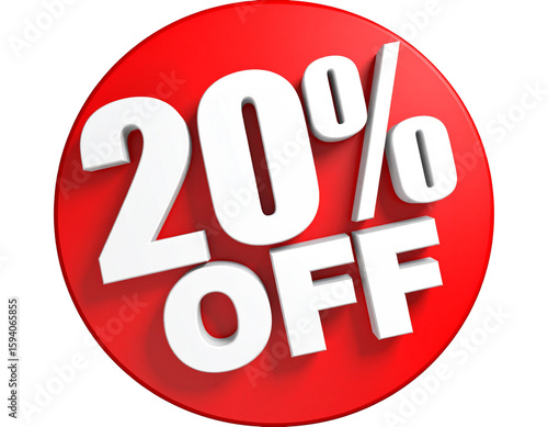 Red 3D Circular Offer Sticker with 20% OFF Text in White Transparent Background PNG.