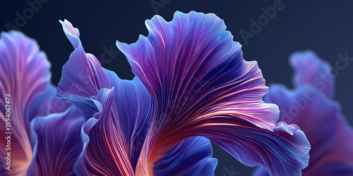 Futuristic abstract 3D rendered purple and blue wave shape with fluid cloth motion on black background featuring gradient color transition from light to dark