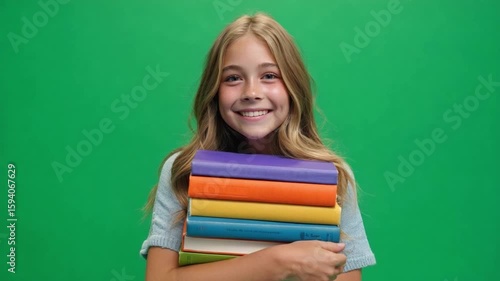 Cheerful student holding books: A young student, radiating happiness, clutches a stack of colorful books against a bright green backdrop. Capturing joy of learning.
