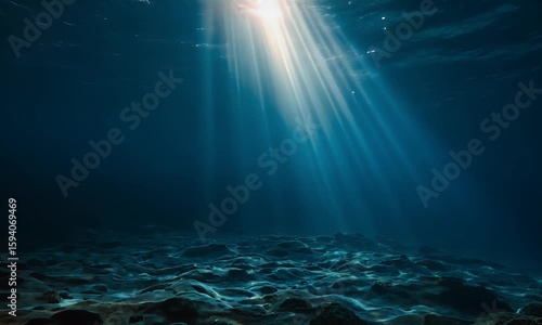 Wallpaper Mural 
An underwater shot of the ocean surface, a beam of light is shining down through it. The camera angle looks up from below into the deep blue water. Torontodigital.ca