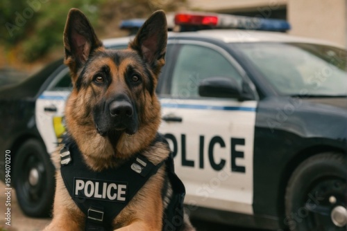 German Shepherd Police Dog Sitting in Front of Patrolling Car with Flashing Lights in Outdoor Setting.