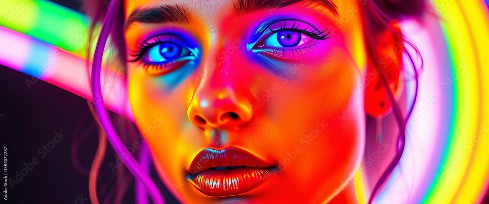 Obraz premium Vibrant neon portrait, glowing features, colorful light, abstract style, ai, illumination