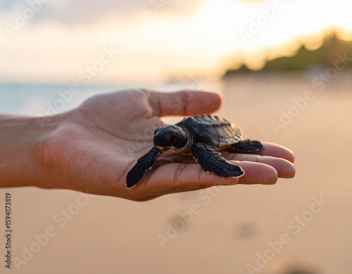 Hand Holding Baby Sea Turtle Ready for Release to the Ocean: Conservation Concept, Wildlife Rescue Close-Up, Endangered Animal Protection, Environmental Awareness, Nature Preservation