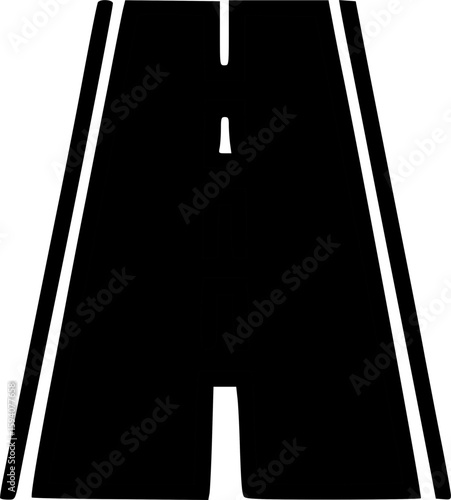 A simple black and white illustration of a divided highway, showing two lanes and a central median.