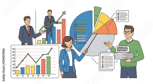 Businesspeople presenting financial data and an annual report.
