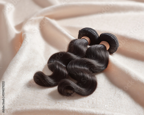Two lace frontal body wave hair bundles laying on top of a white fabric.