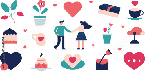 Vector art of a modern flat design illustration featuring a couple holding hands surrounded by romantic and celebratory icons isolated on transparent background.