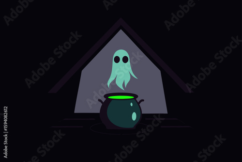 Creepy cauldron with glowing skulls Halloween potion setting vector illustration